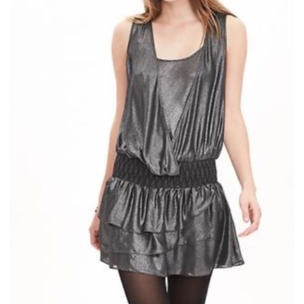 Banana Republic Shimmer Gunmetal Drop Waist Tiered Ruffle Party Dress Sz 2p SP